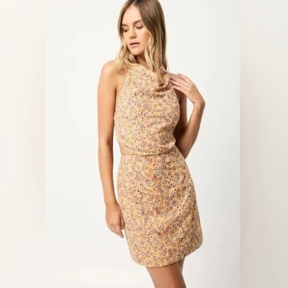 Elliatt Floral Halter Mini Dress Yellow Open Back Fall  Size M - Picture 1 of 6